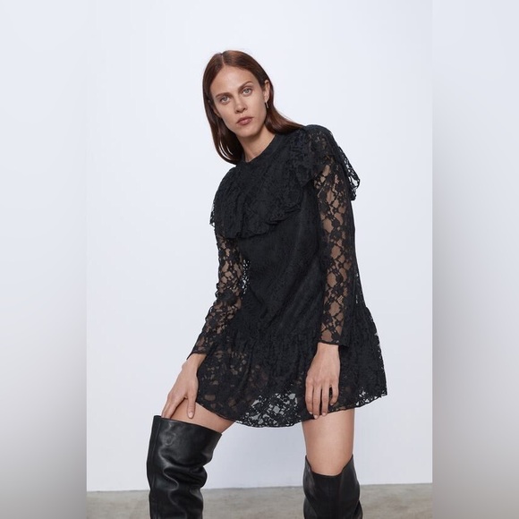 Women Zara Stella Black Lace Long Sleeves Romper Dress Ruffle - Picture 3 of 9